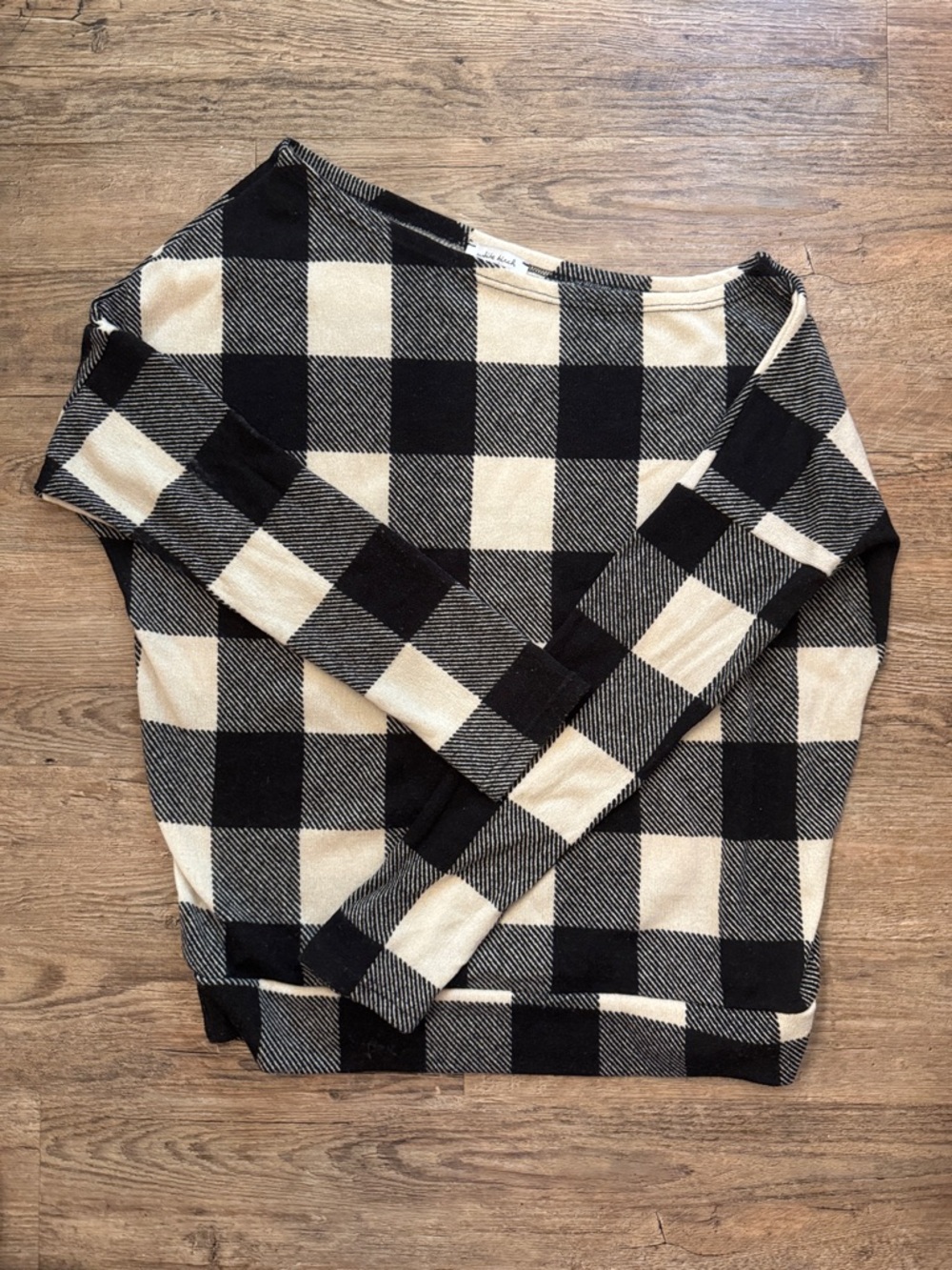 white birch Black and Cream Buffalo-Check Off-Shoulder Sweater